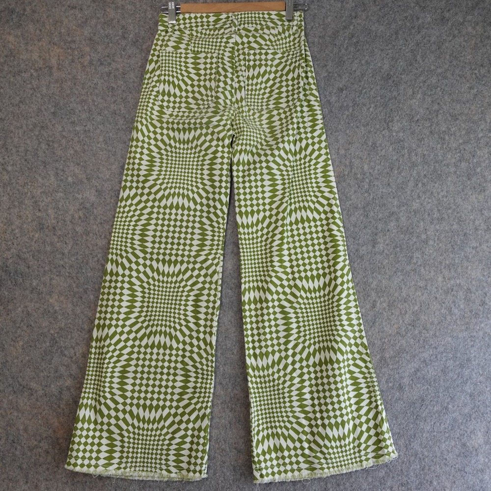 Psychedelic Printed Pants 34 Green Optical Illusion Check Wide Leg Pants Rave - Picture 2 of 9